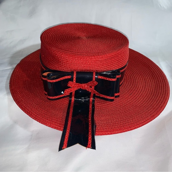 VINTAGE red straw/silk Delia hat SAINT LAURENT PARIS patent leather & silk trim - Picture 2 of 14